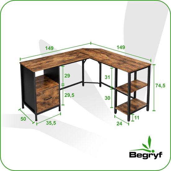 L-vormig bureau met houtnerfpatroon, zwart metalen frame, met lade en open vakken. Afmetingen 149x149x74,5 cm.