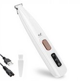 Witte trimmer voor huisdieren met USB-oplaadkabel en borsteltje.