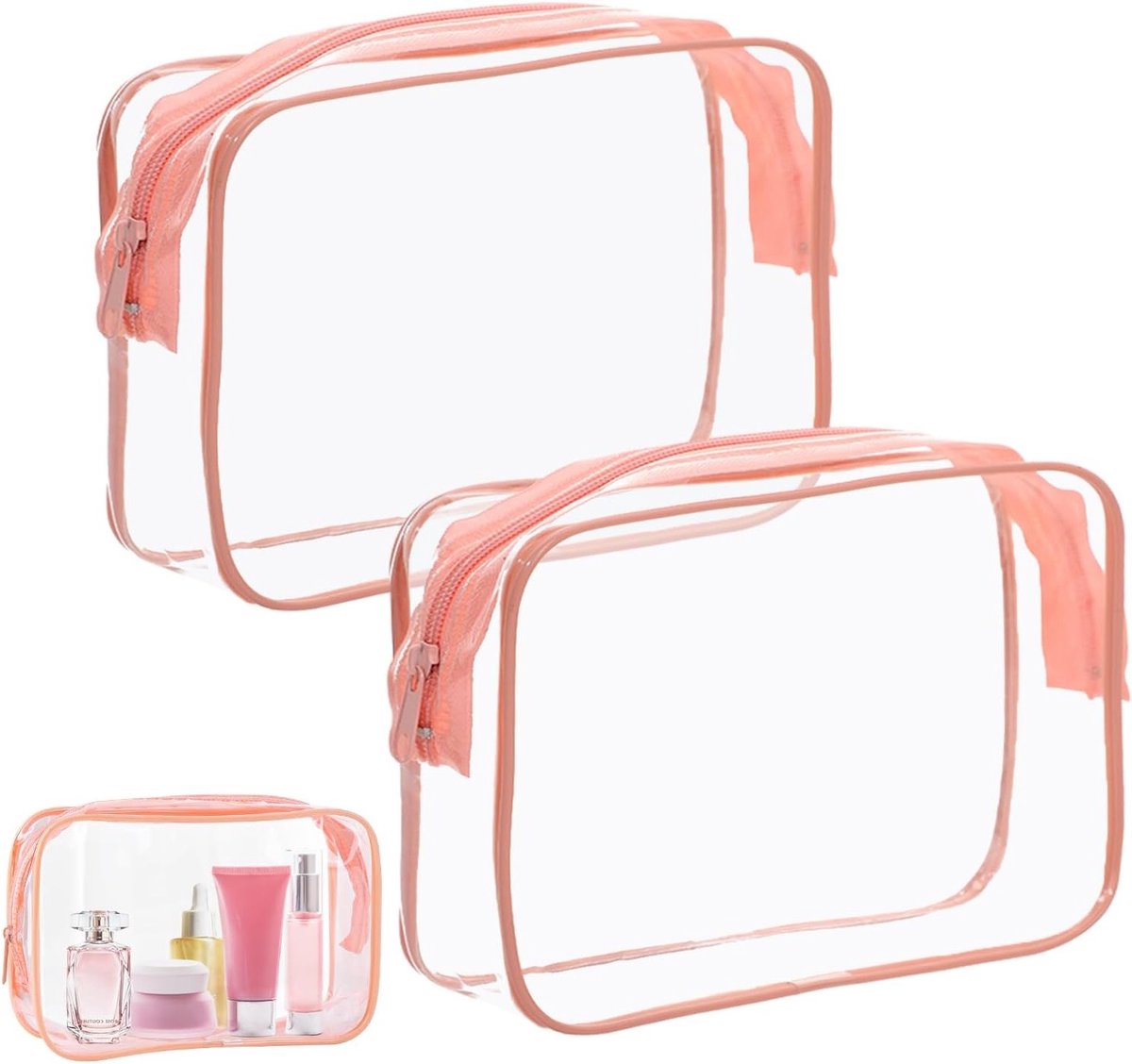 Set van 2 Waterdichte PVC Reiswaszakken, Transparante Toilettas voor Vakantie, Lichtgewicht en Ideaal voor Op Reis en in de Badkamer, Roze