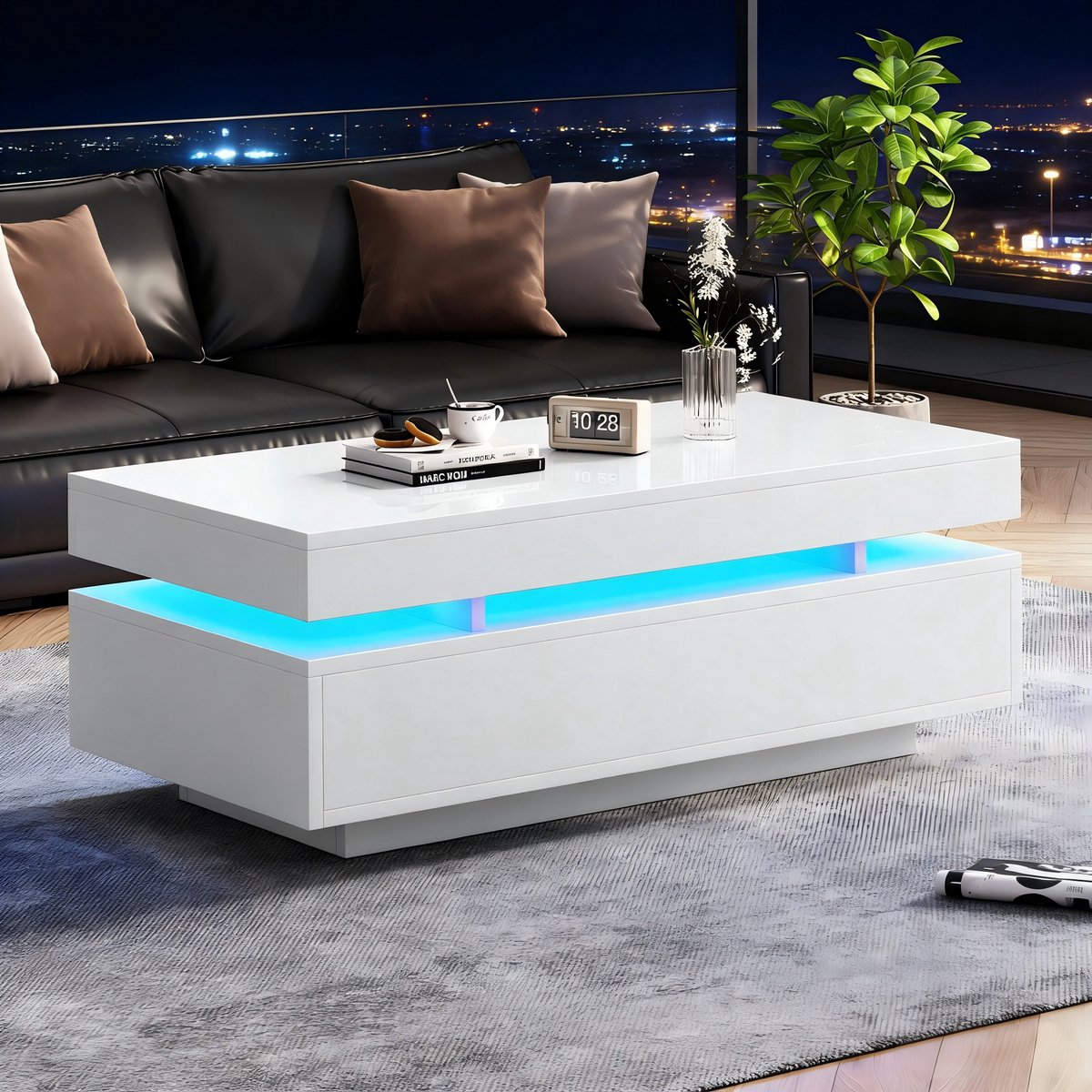 MIVRAY Salontafel - Hoogglans Met Led En 2 Laden - Voor Woonkamer En Sofahoek - 100x50x35 cm - Spaanplaat - Wit