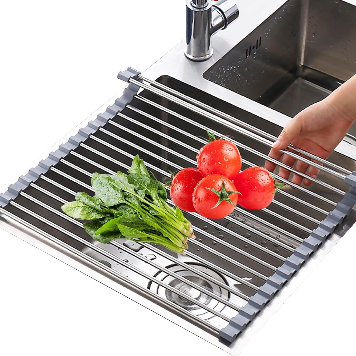 Dish Drainer voor Tafelgerei - Afwasrek Over de Gootsteen - Rvs Opvouwbaar voor Bekers, Fruit, Groenten (Grijs, 43 x 36 cm)