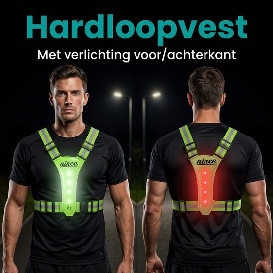 Nince Hardloop Verlichting - LED Hardloopvest USB Oplaadbaar - Reflecterend Veiligheidsvest One Size