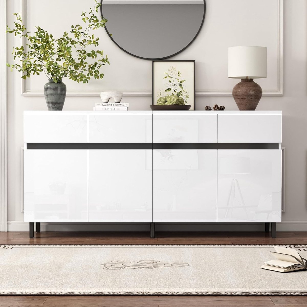 Dressoir met 4 Deuren 150x40x82 cm – Hoogglans Wit Dressoir met Gouden Handgrepen en Verstelbare Planken – Luxe Woonkamerkast / Buffetkast – Bella