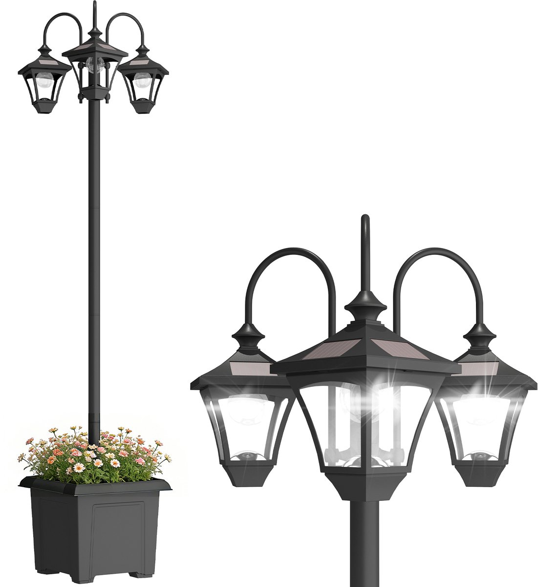 Outsunny Buitenlamp Lantaarnpaal-ABS, Roestvrij staal-52L x 52B x 185H cm-Zwart