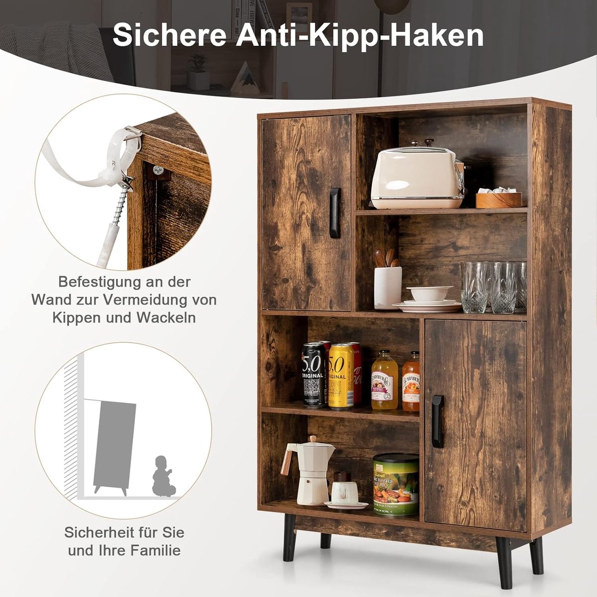Boekenkast - Boekenkast met Deuren 4 Vakken en 2 Opbergkasten | Houten Opbergrek met Kantelbeveiliging & Magneetsluiting | Moderne Kast voor Woonkamer, Kantoor & Slaapkamer (Koffie) – ABTkantoor