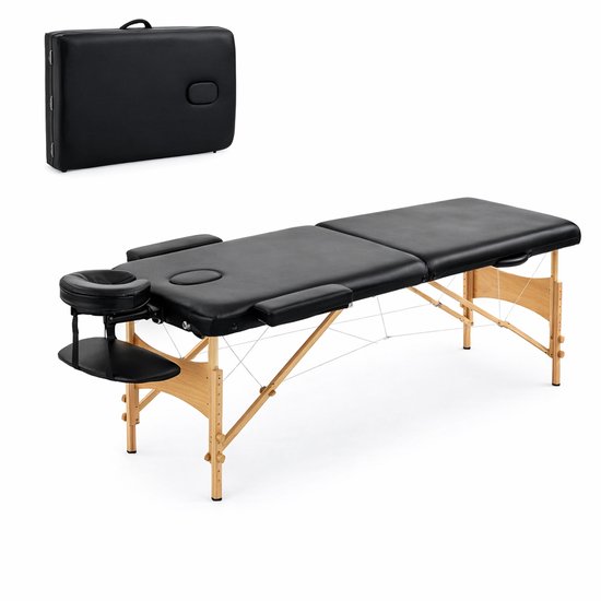 Zwarte, inklapbare massagetafel met houten frame, hoofdsteun, armsteunen en draagtas.