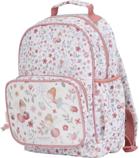 Sac à dos rose avec imprimé floral et de fées. Poche avant avec fées, coccinelle, abeille et libellule.