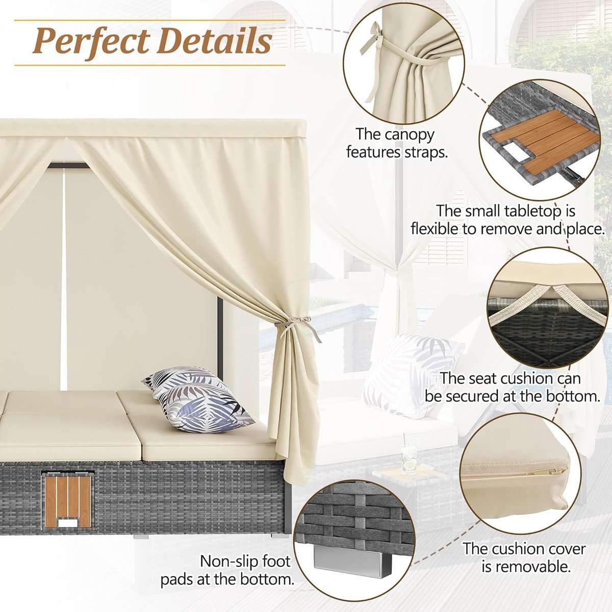 Ligbed Loungeset Tuin 2-Persoons – abtkantoor Luxe Rattan Zonnebed met Dak & Gordijnen – Verstelbare Rugleuningen – Inclusief Kussens & Tafel – Waterafstotend – Balkon & Terras – Crème Wit