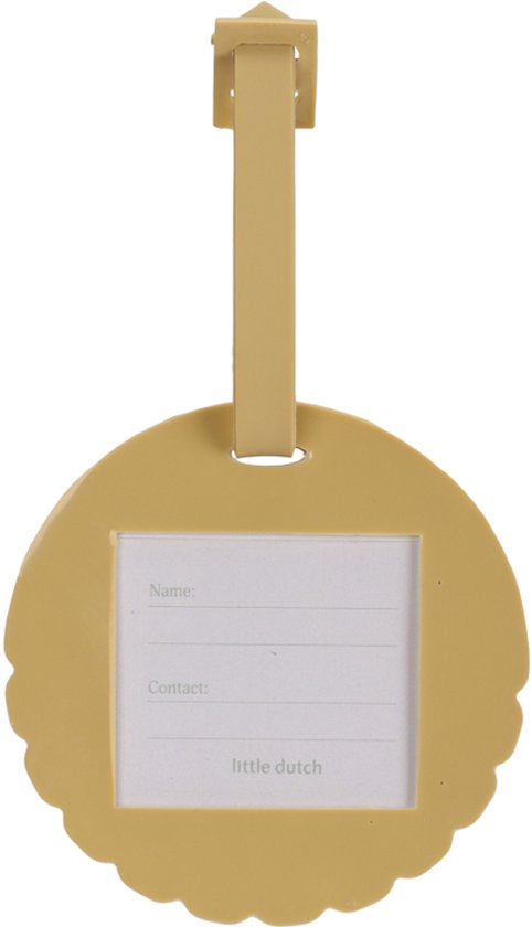 Geel reiskofferlabel met een leeuwenafbeelding en vakjes voor naam en contactgegevens.
