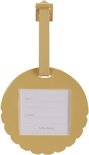 Geel reiskofferlabel met een leeuwenafbeelding en vakjes voor naam en contactgegevens.