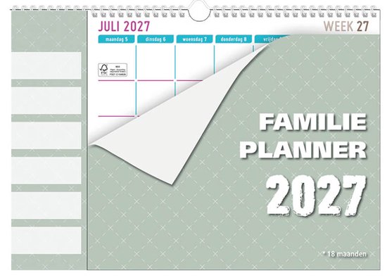 Familieplanner 2027 kalender, met opgestroopte pagina. Groene achtergrond met rasterpatroon.