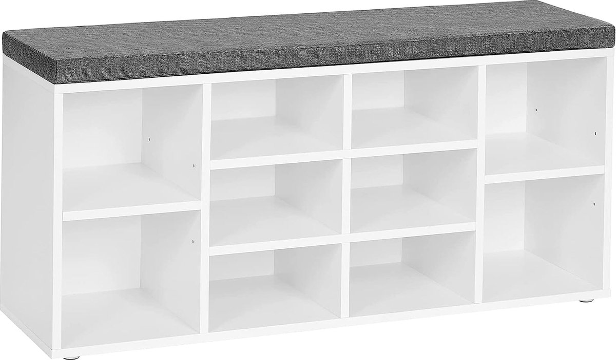 Schoenenkast met zitkussen – Wit – 10 vakken – 104 x 30 x 48 cm – Opbergbank hal