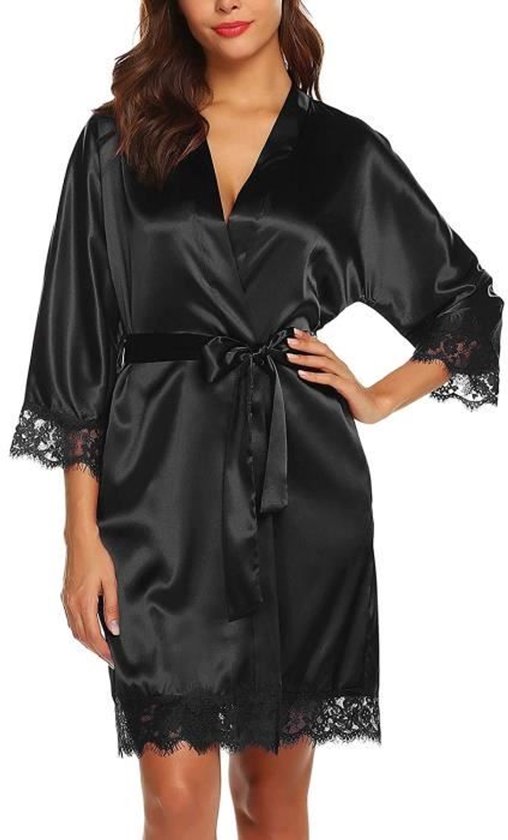 Rslove Satijnen damesbadjas met kanten afwerking, kimono-badjas, zijden ochtendjas voor bruid en bruidsmeisjes, wijnrood, M Rslove Satijnen damesbadjas met kanten afwerking, kimono-badjas, zijden ochtendjas voor bruid en bruidsmeisjes, wijnrood, M