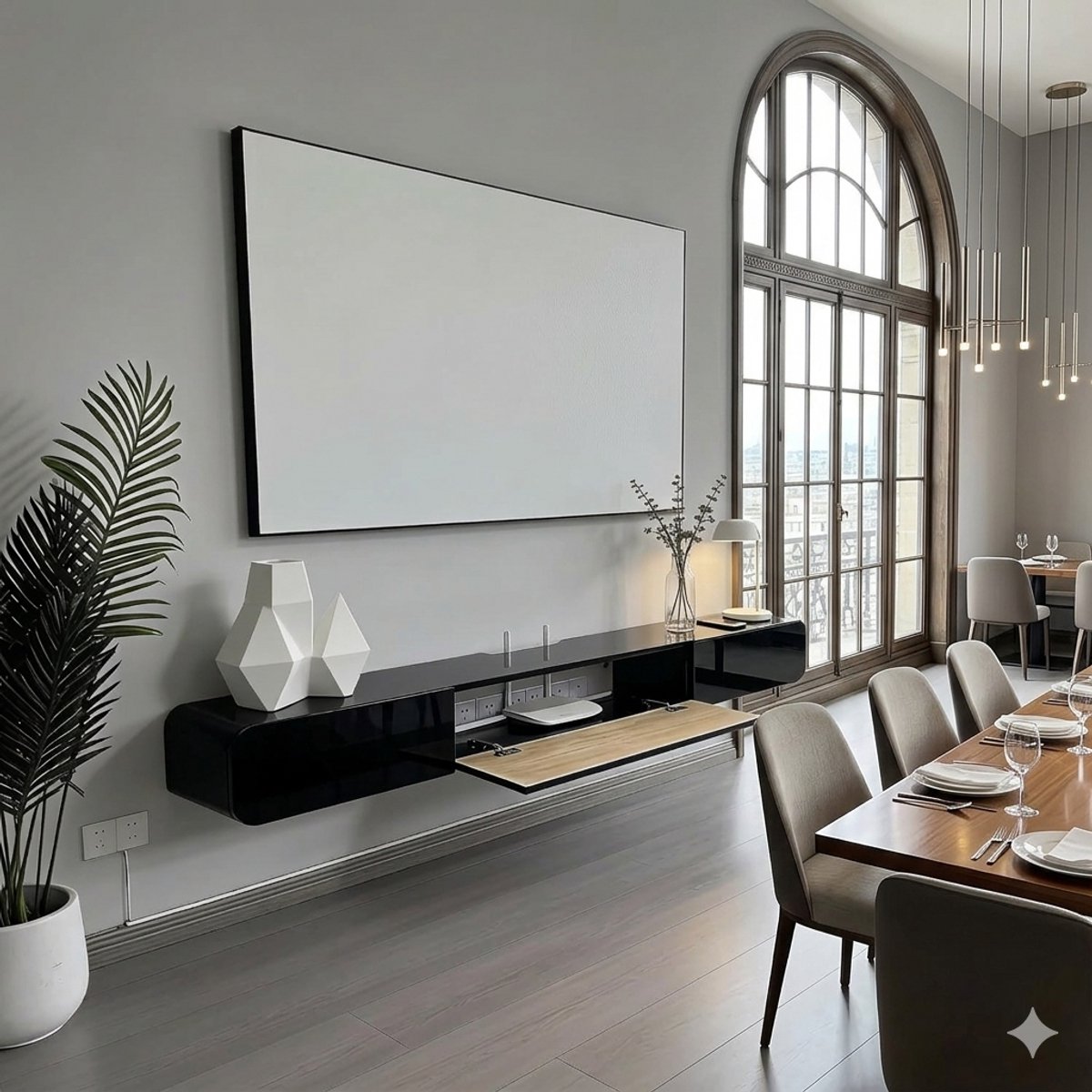 Wand TV Meubel 120 cm – Zwevend TV Meubel met Deur en Lade, Massief Hout, Kabelmanagement & Opbergruimte, Modern Hangend TV Kast – Zwart – Urbanhome