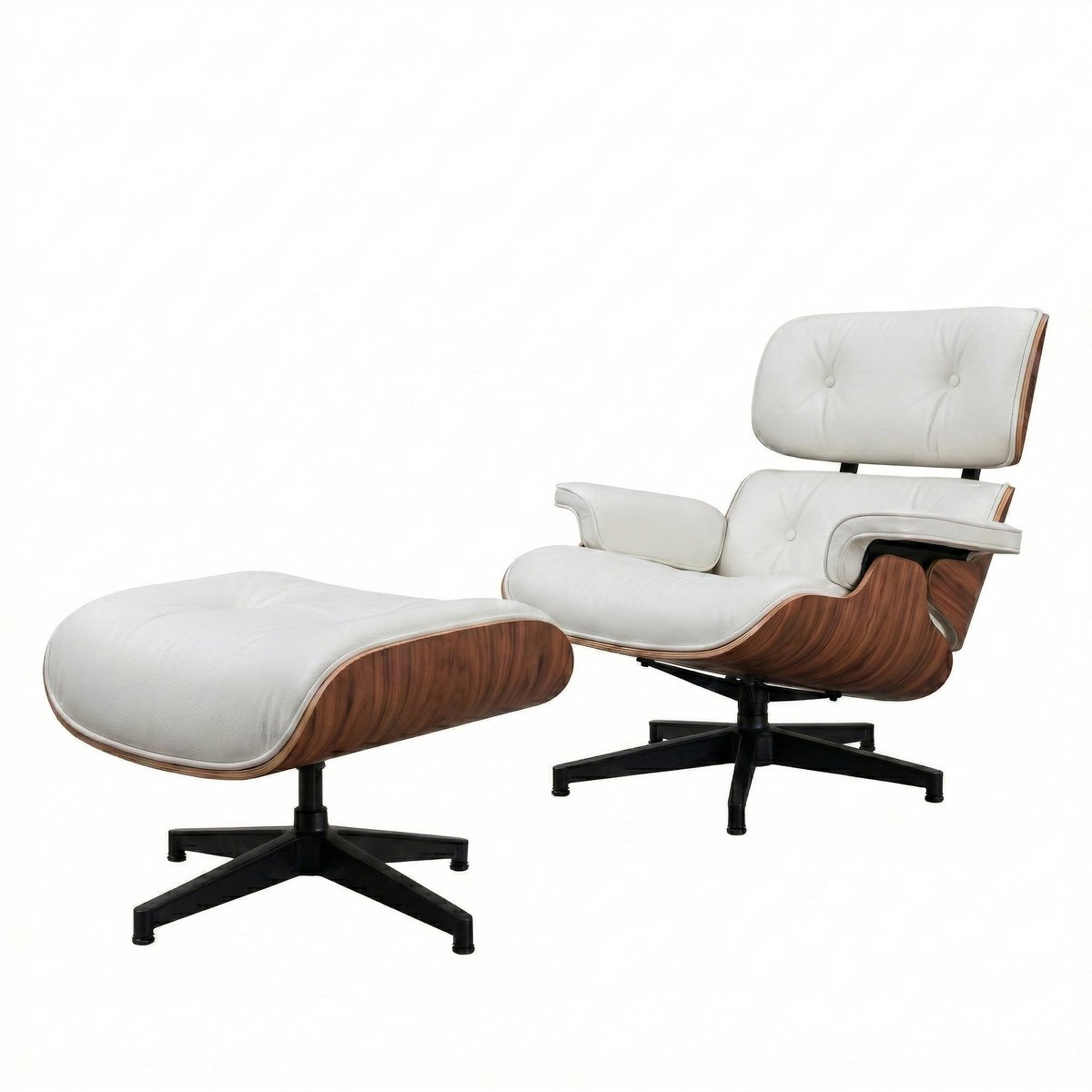 Loungestoel met Voetenbank - Chaise Longue Fauteuil - Relaxstoel met Ottomane - Leer - Wit - Palissander Houten Poten - Ergonomisch Design - Woonkamer Slaapkamer - Mid Century Modern Stijl