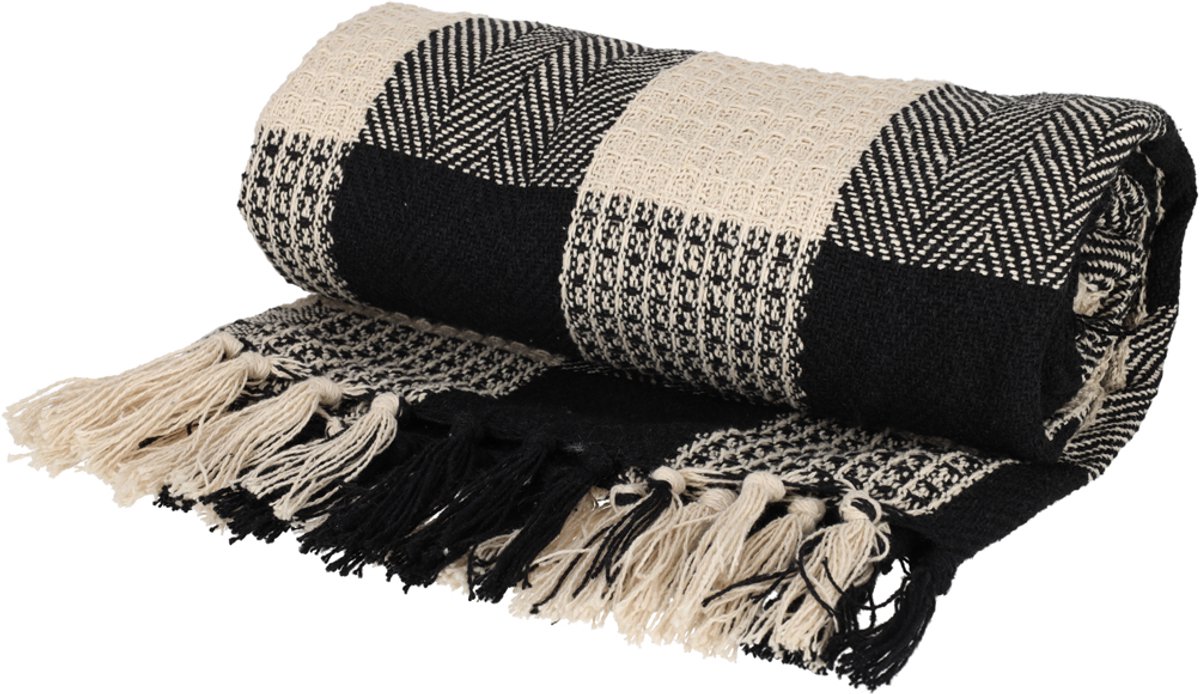 Jens Living Plaid Kai - Gerecycled Katoen - 130 X 180cm - Zwart - met Patroon en Kwastjes