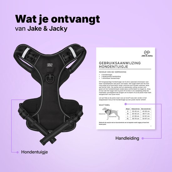 Jake and Jacky Hondentuigje - Anti-Trek Tuig - Hondenharnas - Y Tuig Hond - Reflecterend - Zwart - Maat L