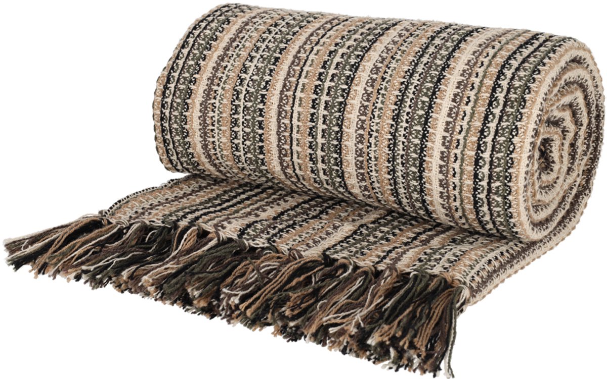 Jens Living Plaid Loek - Gerecycled Katoen - 130 X 180cm - Naturel - met Patroon en Kwastjes