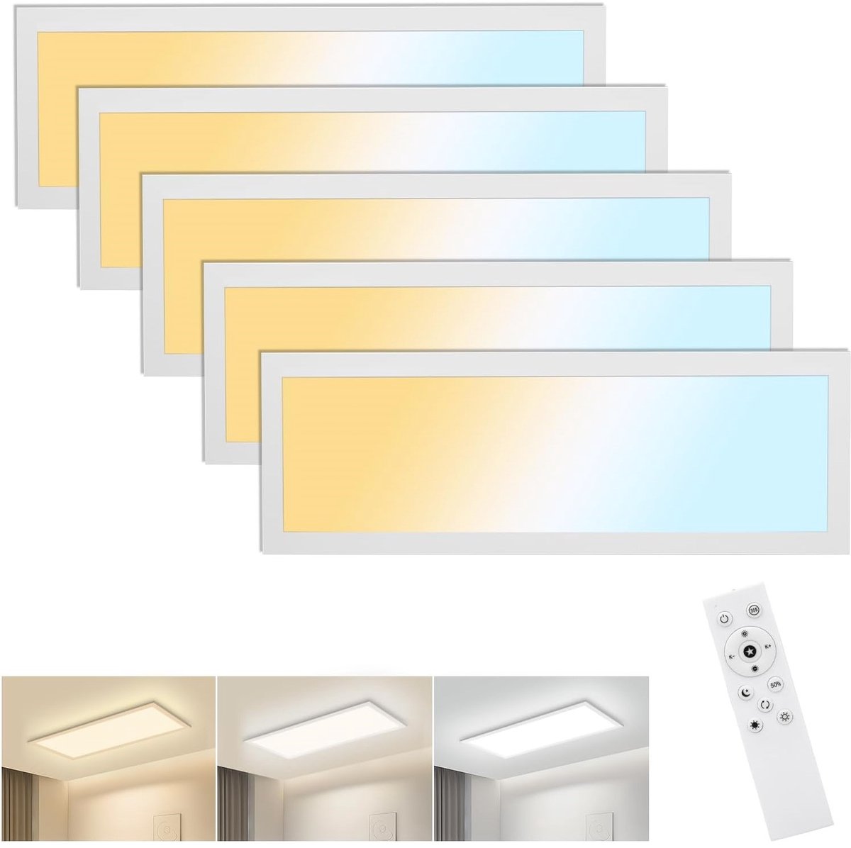 Oraymin 5 stuks LED Plafondlamp Paneel 58x20 Wit - Dimbaar - Afstandsbediening - Keuken Slaapkamer