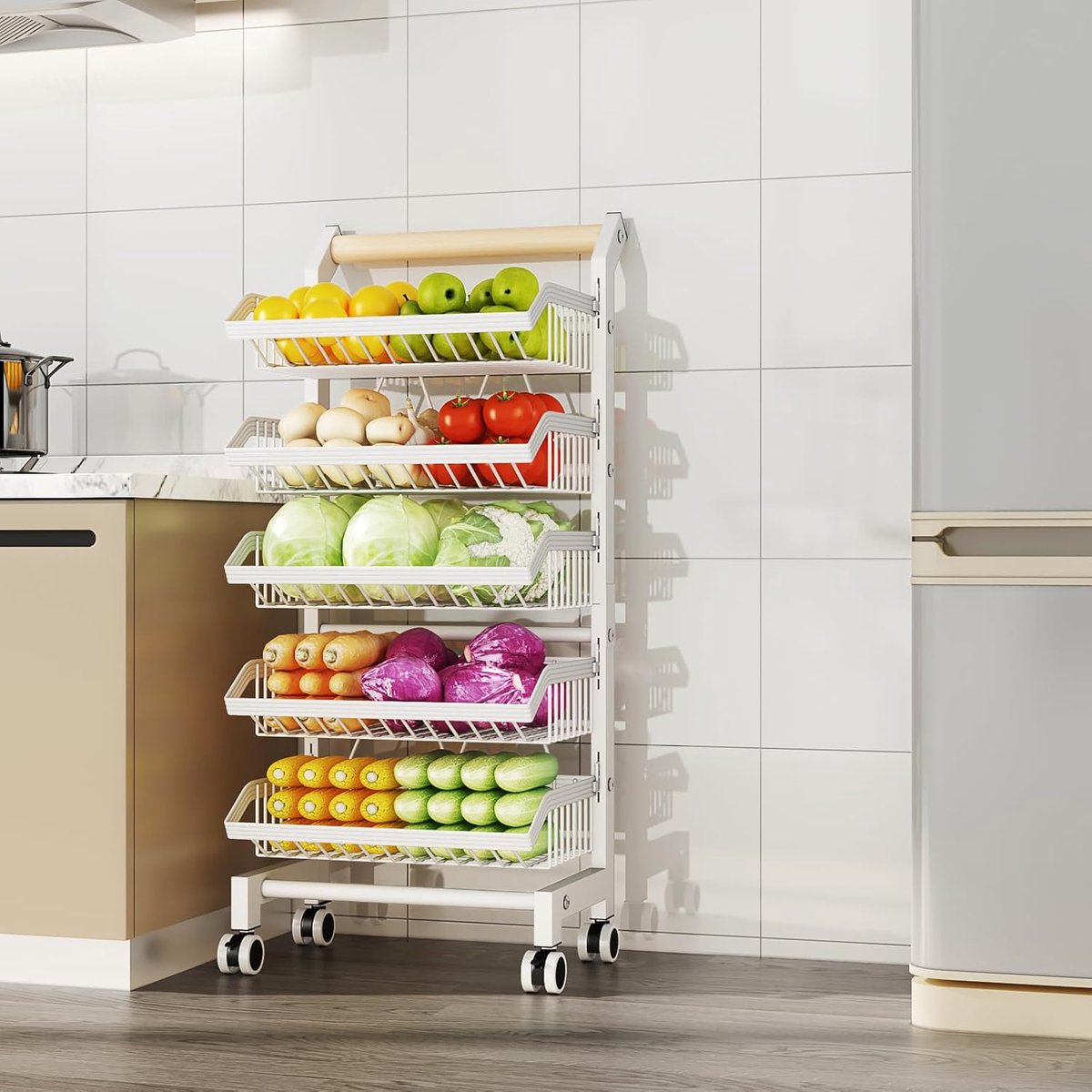 Groentekast - Keukentrolley met 5 legplanken en vergrendelbare wielen - Trolley van koolstofstaal met fruitmand - 42 x 32 x 105 cm - Wit