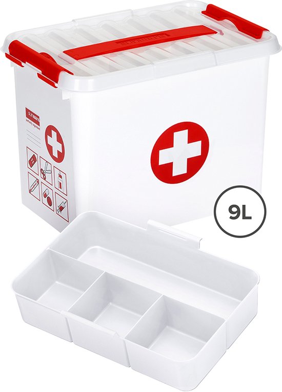 9L witte EHBO-opbergbox met rood kruis, rood handvat en uitneembare tray.