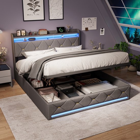 Opbergbed 160x200 cm met LED-verlichting, Draadloos Opladen en USB/Type-C, Gestoffeerd Tweepersoonsbed met Opberg Hoofdeinde en Lattenbodem, Modern LED Bed, Grijs Linnen