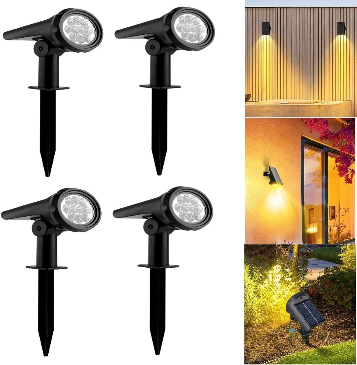 Solar Grondspot (4 stuks)- 2 IN 1 priklampen & Wandlampen - Drie dimbare helderheid -10 leds Solar Spots -Gazonlamp Set van 4 stuks -buiten grondspots-Padverlichting- buitenlampen - Priklamp op zonne-Solar Grondspots -Tuinverlichting op zonne-warmwit