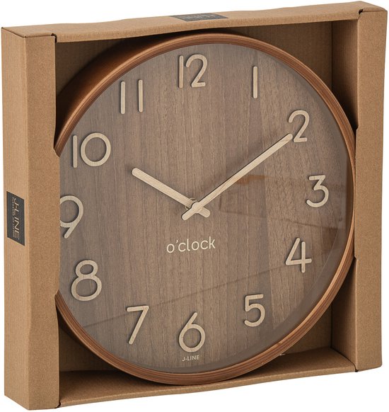 Houten klok in kartonnen verpakking, donker naturel wijzerplaat en beige cijfers.