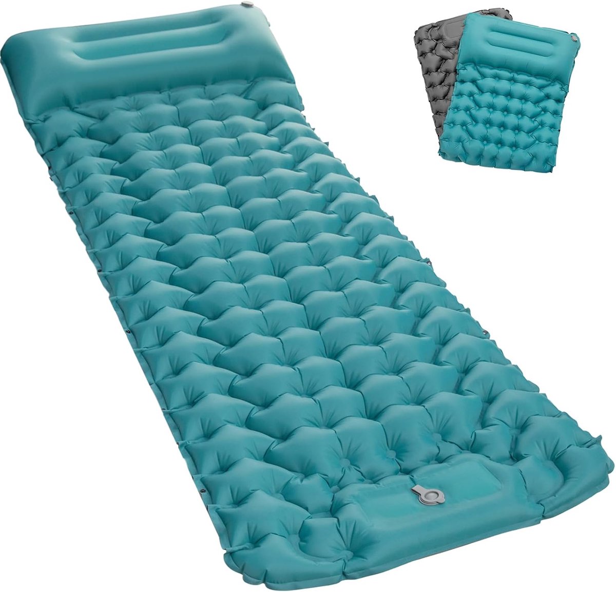 Camping Matras met Voetpomp & Kussen - Opvouwbaar Matras - Vouwmatras - Camping Matje - Slaapmat - Logeer Matras - Luchtmatras - Kampeer Matras - Camping Bedje - Nylon - 196 × 69 × 9 cm - Blauw-Groen - van Imperatoris