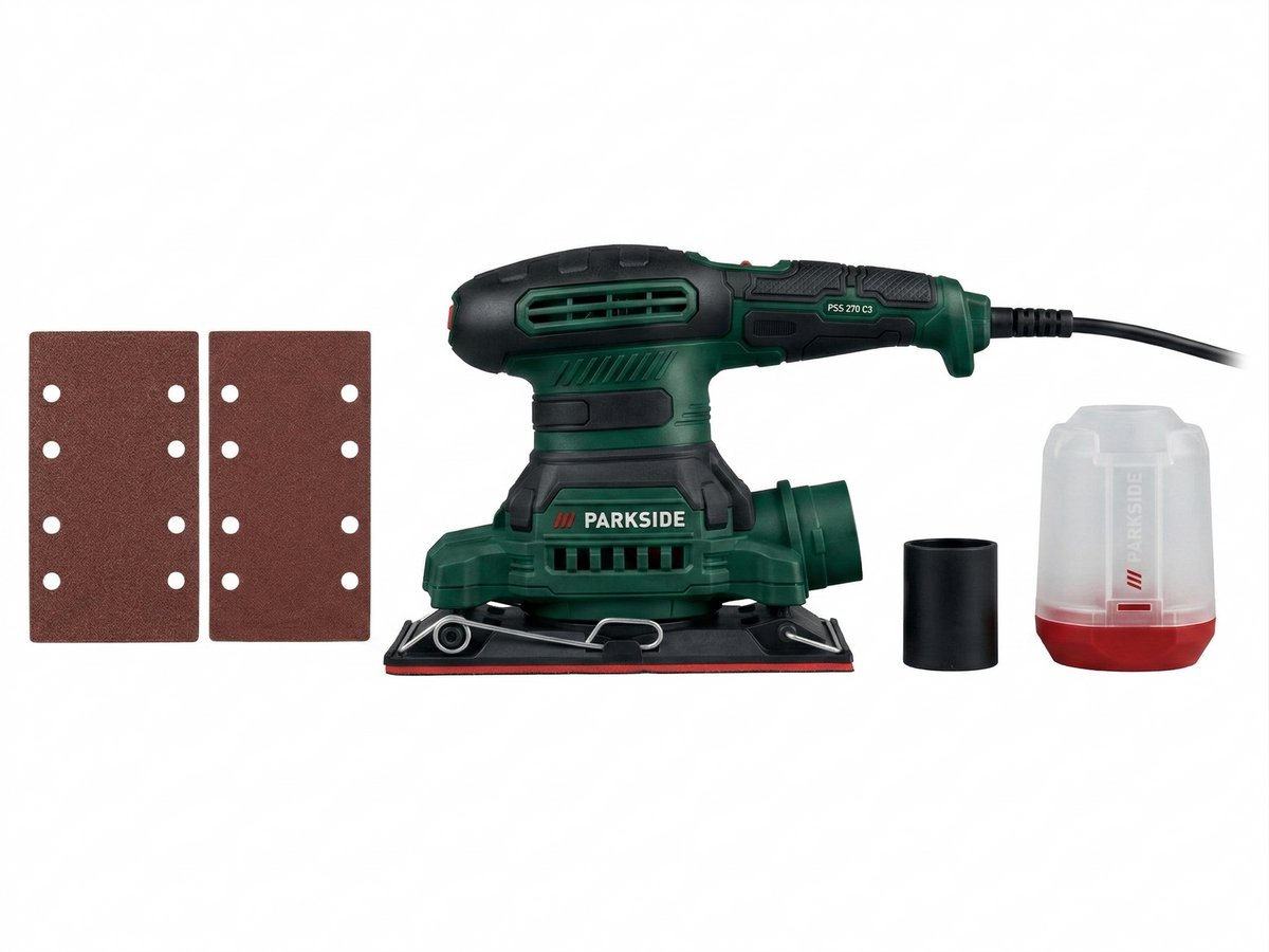 PARKSIDE® vlakschuurmachine - Vermogen: 270 W - Toerental: 7000/12000 tpm - Inclusief adapter voor externe stofafzuiging, 2 schuurbladen met klittenbandhechting (korrelgrootte 80 en 120)