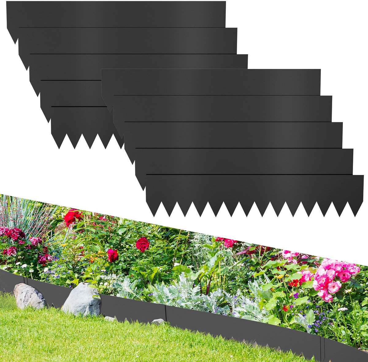 Froadp Zwart 10m x 20cm Verzinkte Metalen Rasenkant, Flexibele Grasmaairand met Klemmen, Weerbestendig & Roestvrij, Eenvoudig te Installeren
