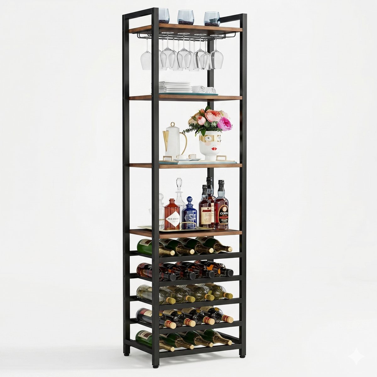 NordHaus Wijnrek - Flessenrek Industrieel - 9 Laags met Glasophouder - Voor 20 Flessen - Metaal Hout - 45x35x180 cm