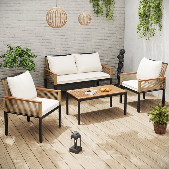 MODENUIT Tuinloungeset 4-Delig - Dubbele Bank, 2 Fauteuils En Tafel - Voor Tuin En Balkon - Polyrattan Beige