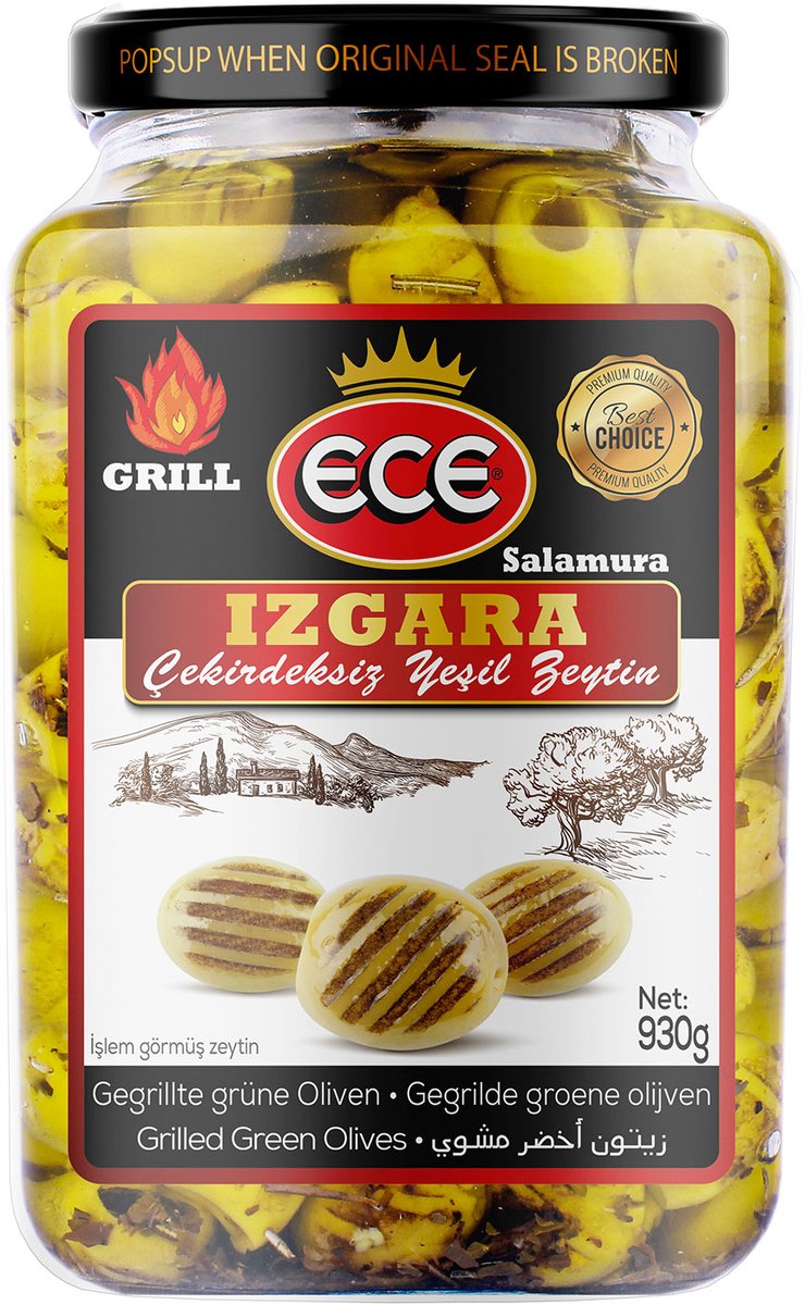 Ece Pitloze Groene Gegrilde Olijven 930 g – Izgara zeytin - Mediterrane Olijven in Glazen Pot, Premium Kwaliteit
