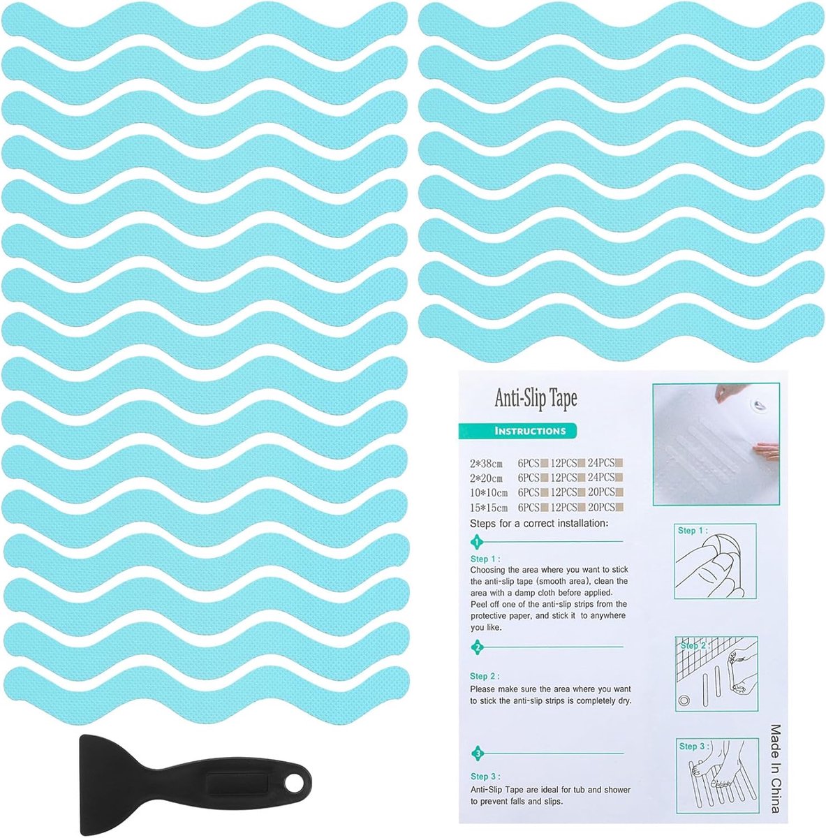 Antislip stickers voor badkuip - 19,9 x 1,38 cm - 24 stuks S-vormige veiligheidsdouchevloer antislipstickers met zelfklevende stickers - schraper voor bad - douche - vloertrap - blauw