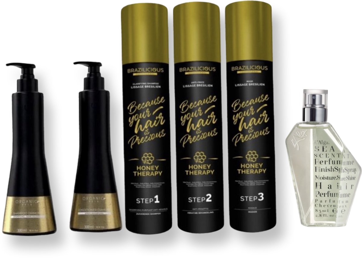 Organic Gold - Shampoo + Conditoner 2 x 300ml + Brazilicious Honey therapy 3 x 1000ml + L'alga hair parfume organic