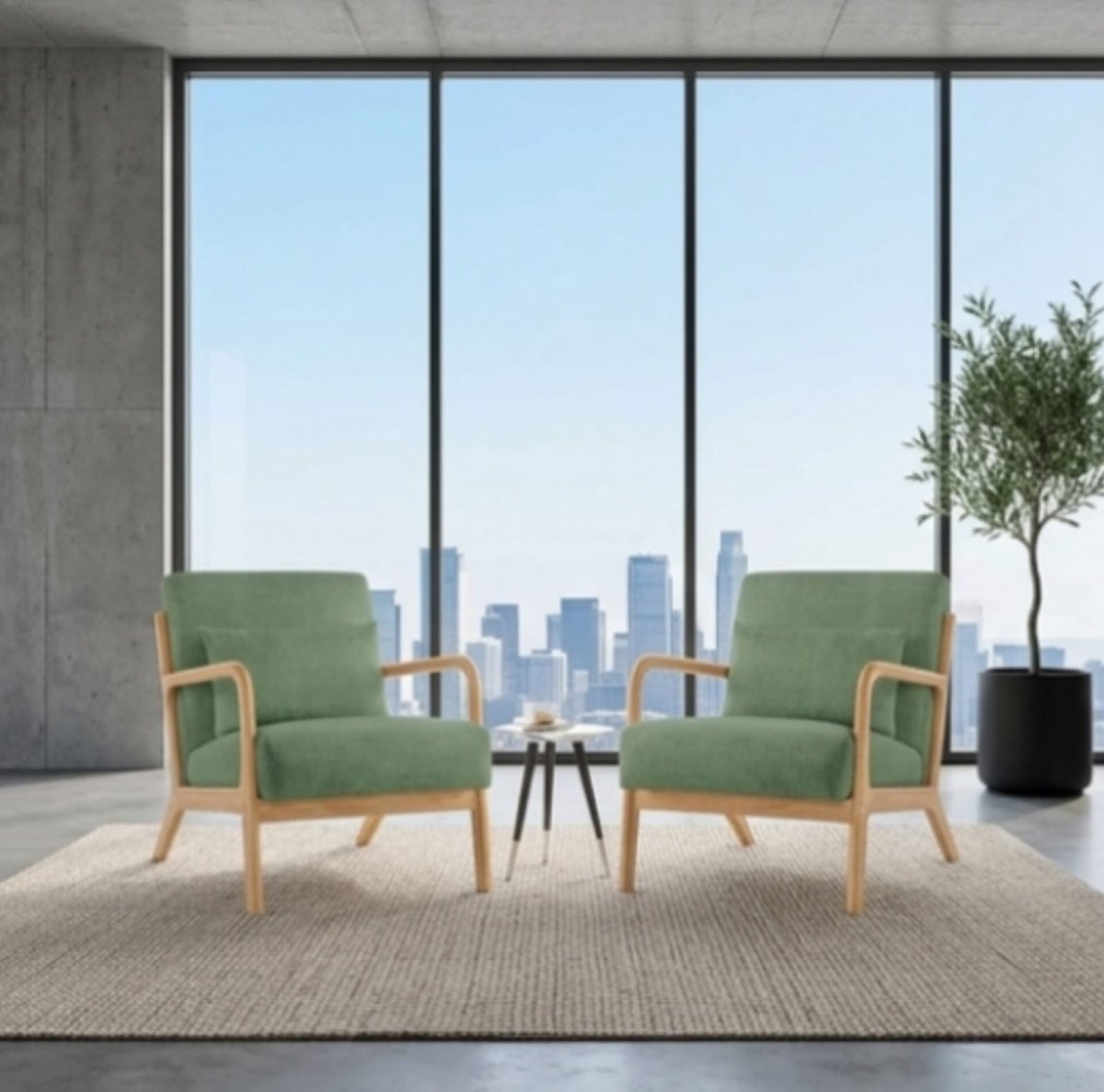 Accentstoel loungestoel 80x75x63 cm – set van 2 moderne fauteuils met armleuningen en kussen – comfortabele leesstoel – groen – Bella