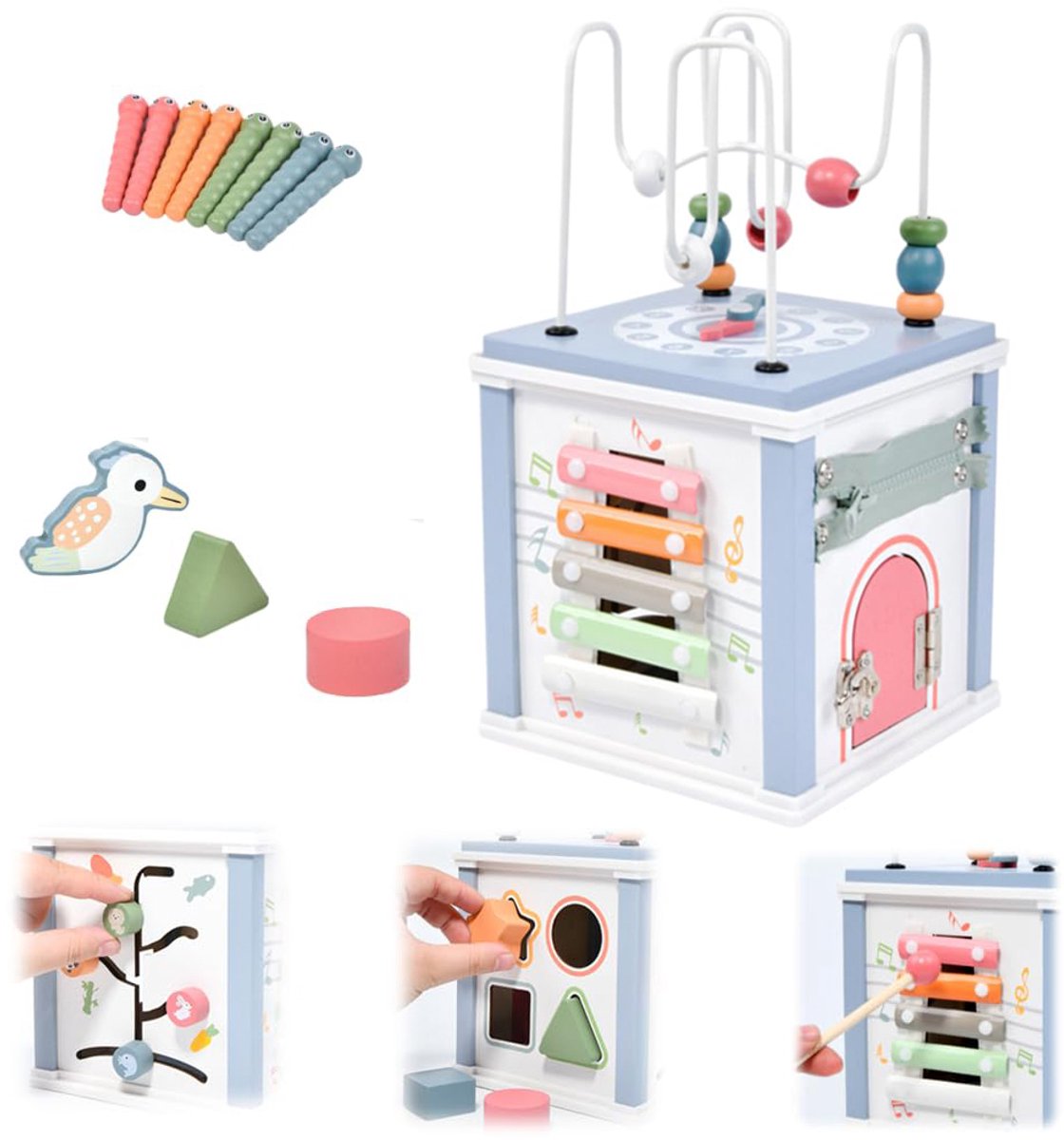 Motorische Kubus - 8-in-1 Speelkubus voor Baby's vanaf 1 Jaar - Houten Montessori Activiteitenkubus met 6 Zijden (Busy Board) - Ontwikkelt Diverse Motorische Vaardigheden voor Jonge Kinderen