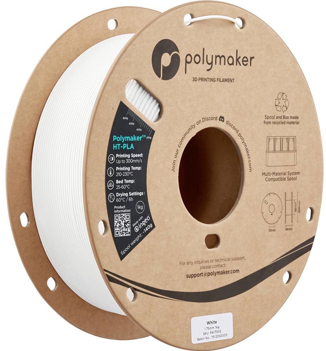Polymaker PA17002 HT-PLA Filament PLA kunststof, HT-PLA Warmtebestendig, Highspeed filament 1.75 mm 1000 g Wit 1 stuk(s