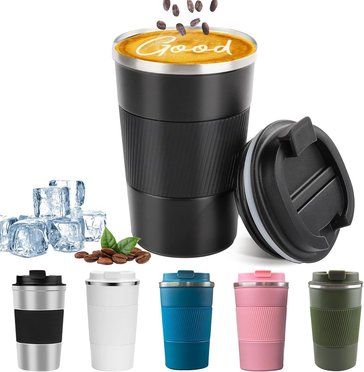Thermische reisbeker - lekvrij - draagbare roestvrijstalen koffiebeker - met deksel, herbruikbaar - voor warme en koude dranken - 380 ml (zwart)