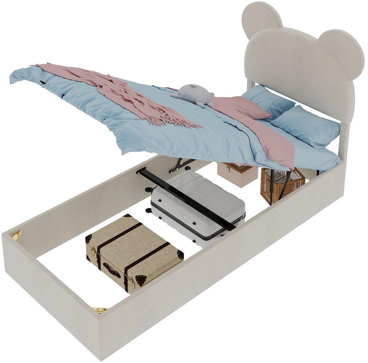 Merax Gestoffeerd Bed 90x200 cm - Bed met Opbergruimte - Gasveer - Houten Lattenbodem - Beige