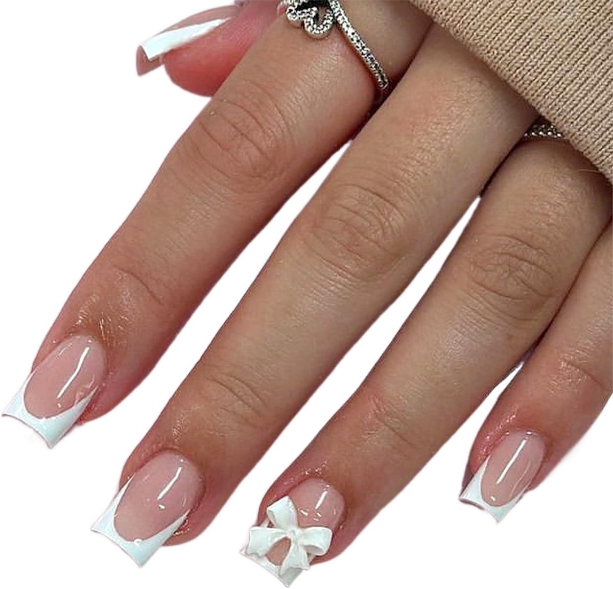 24 Stuks Nepnagels met Roze Witte Strik, Korte Vierkante Press-on Nagels voor Nageltechnici en Nagelkunstliefhebbers, Perfect voor DIY Nagelontwerpen