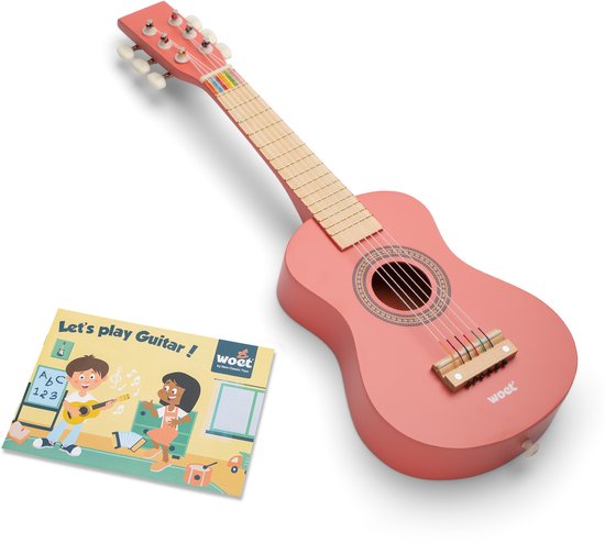 Woet® Houten Speelgoedgitaar met Draagriem - Rood - Speelgoedinstrument - Mijn eerste Gitaar Inclusief Muziekboekje - Speelgitaar voor Kinderen - Vanaf 3 jaar