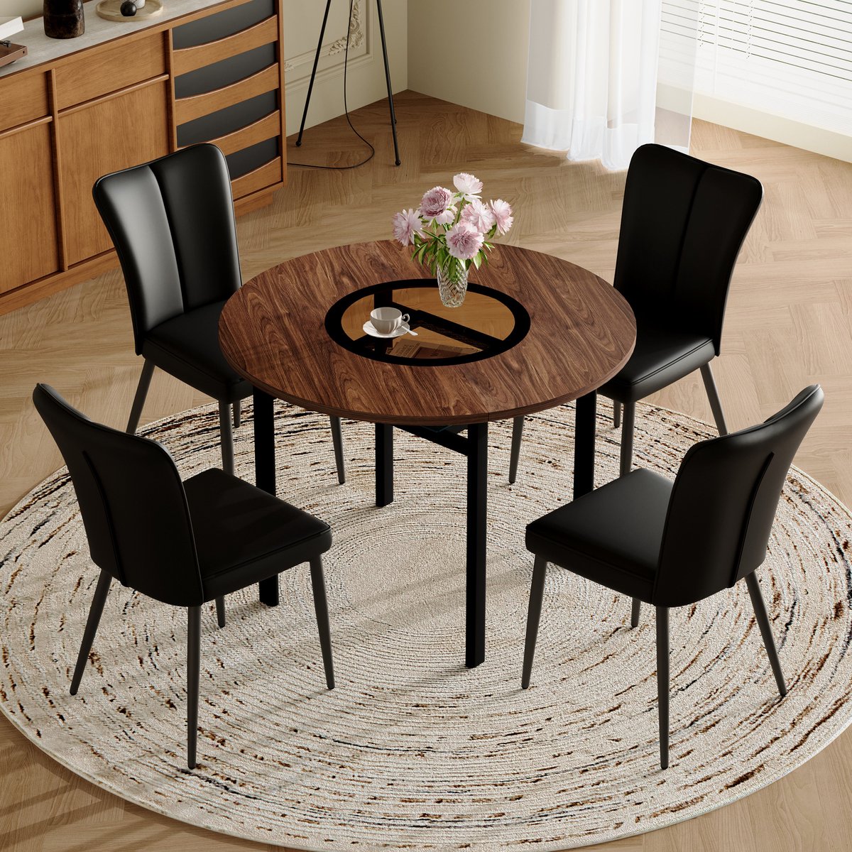 HAUSS SPOLE Eethoek Set - Ronde Eettafel Met 4 Stoelen - Met Glasinleg En Glasplateau - Voor Eetkamer En Keuken - Bruin Zwart