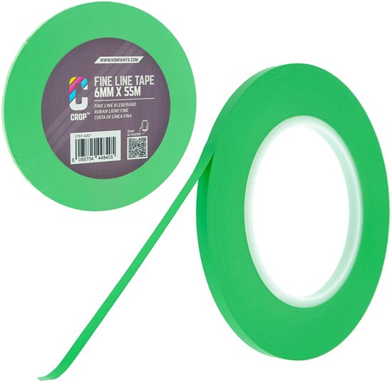 Un rouleau de ruban de masquage vert avec une étiquette mentionnant : CROP FINE LINE TAPE 6MM X 55M.