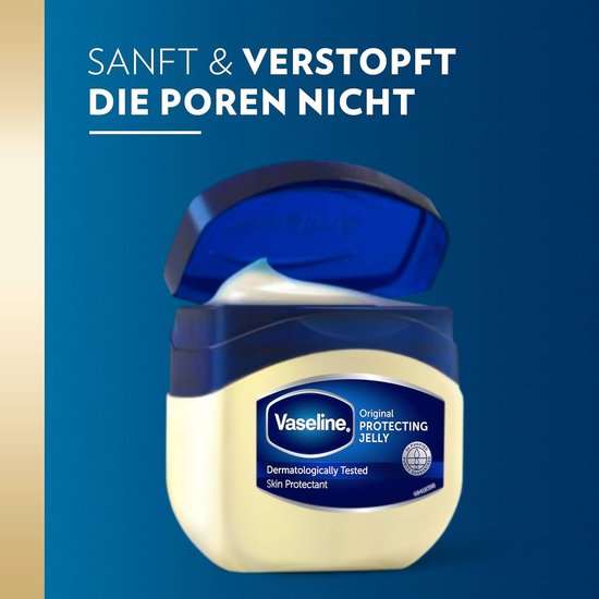 Vaseline Original Protecting Jelly in open blauw potje met witte crème. "SANFT & VERSTOPFT DIE POREN NICHT"
