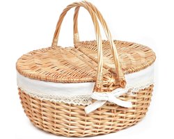 Wicker Picknickmand voor 2 Personen met Deksel - 27*19*14 cm - Unieke Cadeau Ideeën voor Stellen, Verloving, Bruiloft, Bridal Shower，Familie - Kerstcadeau & White Elephant Geschenk voor Volwassenen - Sneeuwvlokvoering