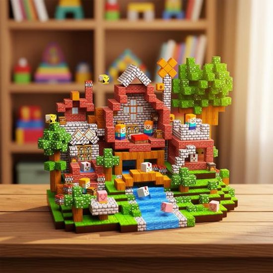 Gedetailleerd Minecraft-bouwwerk met huis, bomen, waterval en figuren op een houten tafel.