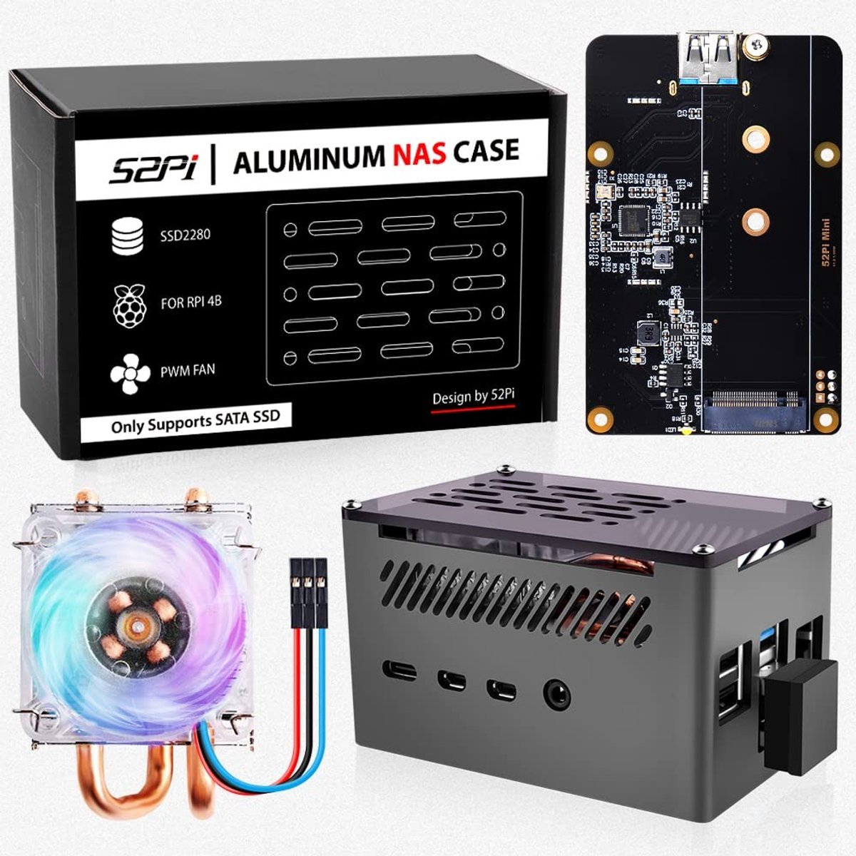 aladdien Raspberry Pi 4 Aluminium Case - M.2 SSD Adapter - Passieve Koeling - Ultra-Stille Fan - Geschikt voor Mod...