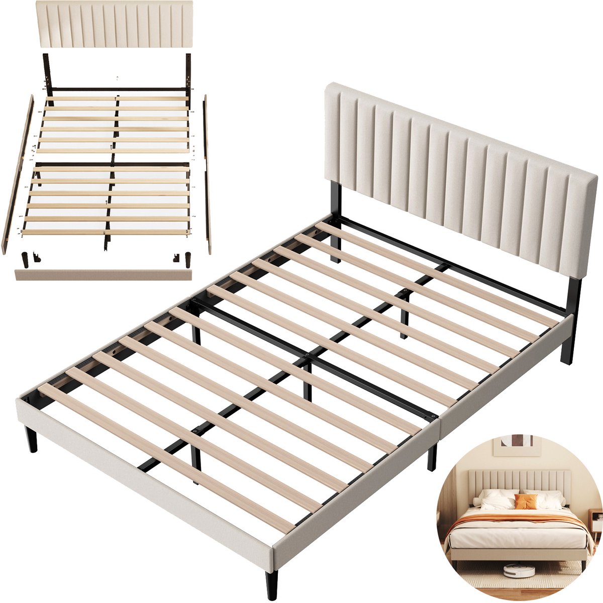 KUTAS® Metalen Bedframe - Gestoffeerd bed - 140x200 CM Tweepersoonsbed - Met Hoogte Verstelbaar Hoofdeinde - Met Lattenbodem - Opbergruimte Onder Het Bed -Stevig - Stil - Draagkracht 480 kg - Grijs Beige